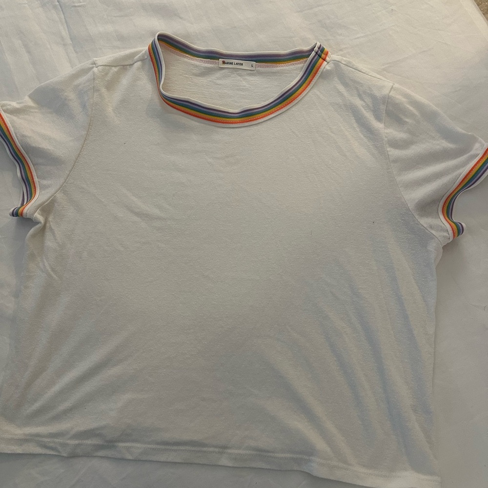 MARINE LAYER White Women’s T-Shirt with Rainbow Trim